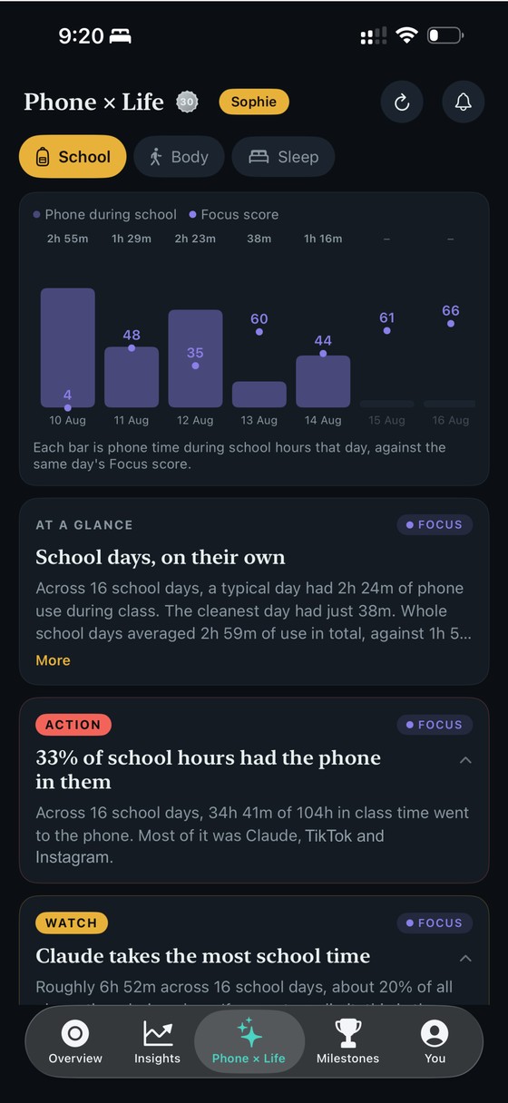 ThirdLife on a child's phone showing Phone x Life with School, Body and Sleep, and the school-hours findings